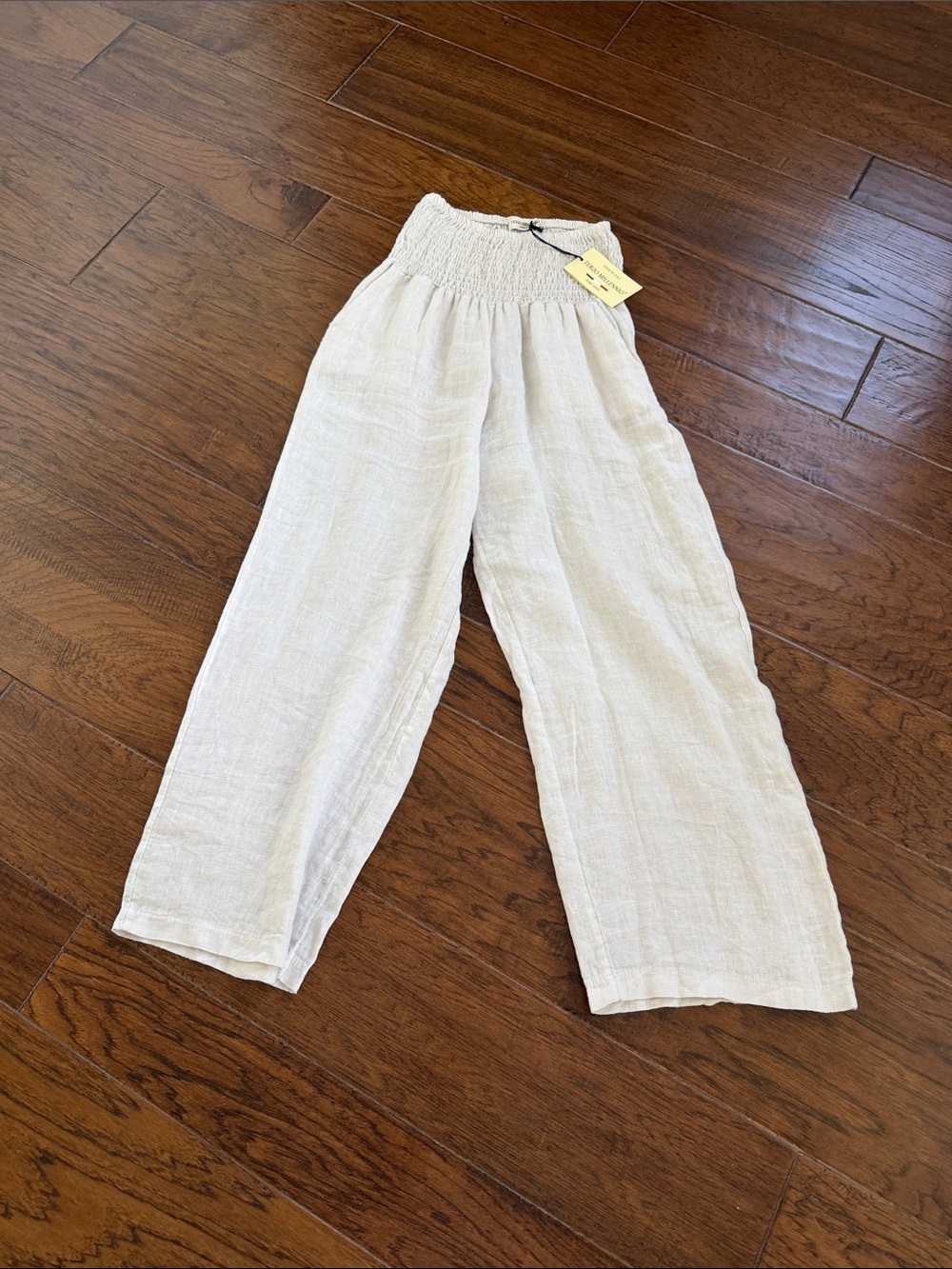 Smocked-Waist Casual Wide-Leg Pants in Light Cream